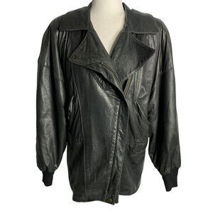 Vintage 80s Melanzona Leather Moto Jacket M Black Pockets Lined Shoulder Pads